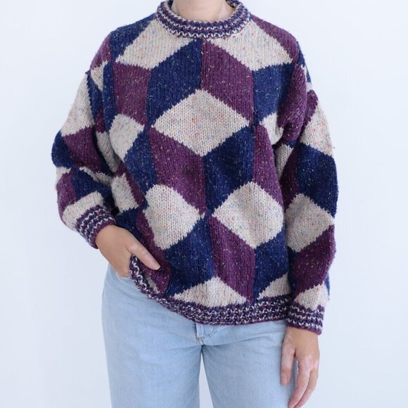 Taupe Purple Navy Argyle Gramacore Knit Crewneck Preppy Sweater M - Picture 1 of 11